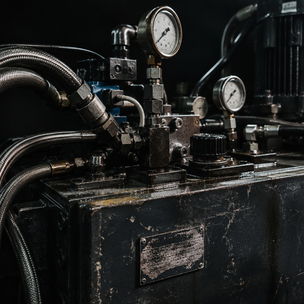 Close-up of a worn hydraulic power unit with gauges and a scuffed asset tag