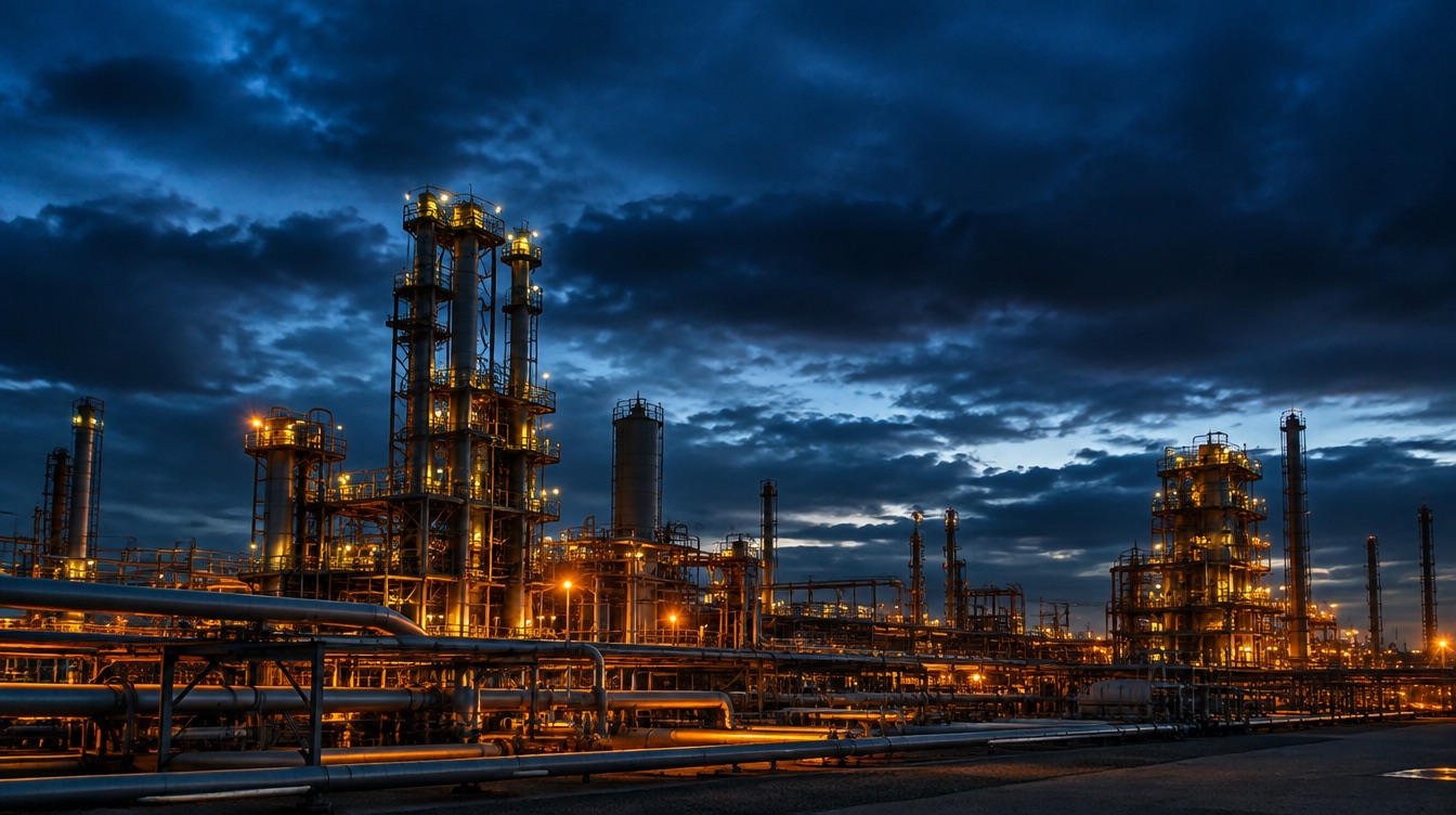A petrochemical plant at dusk, pipework and towers lit