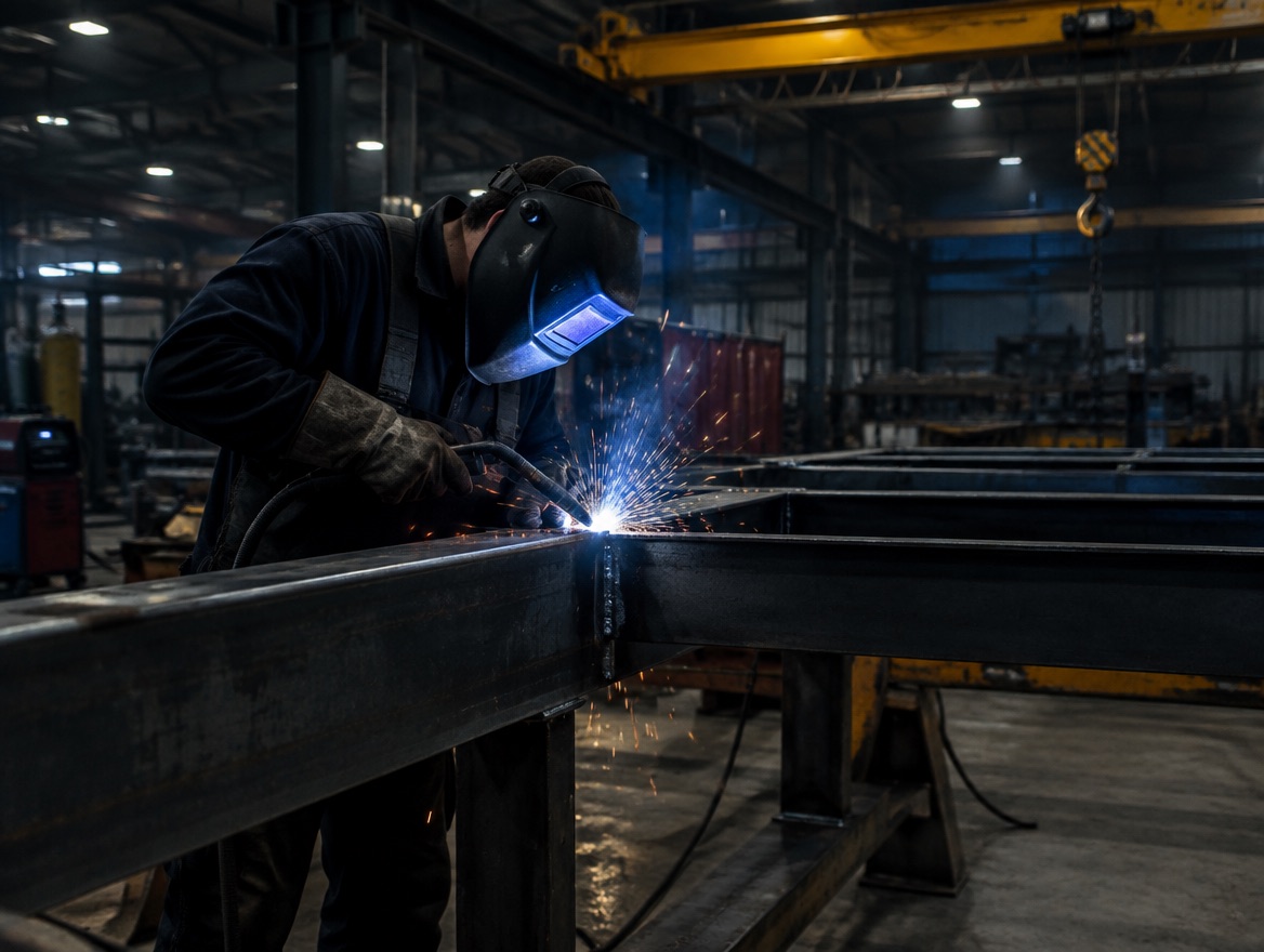 A welder working on a steel frame in a fabrication shop