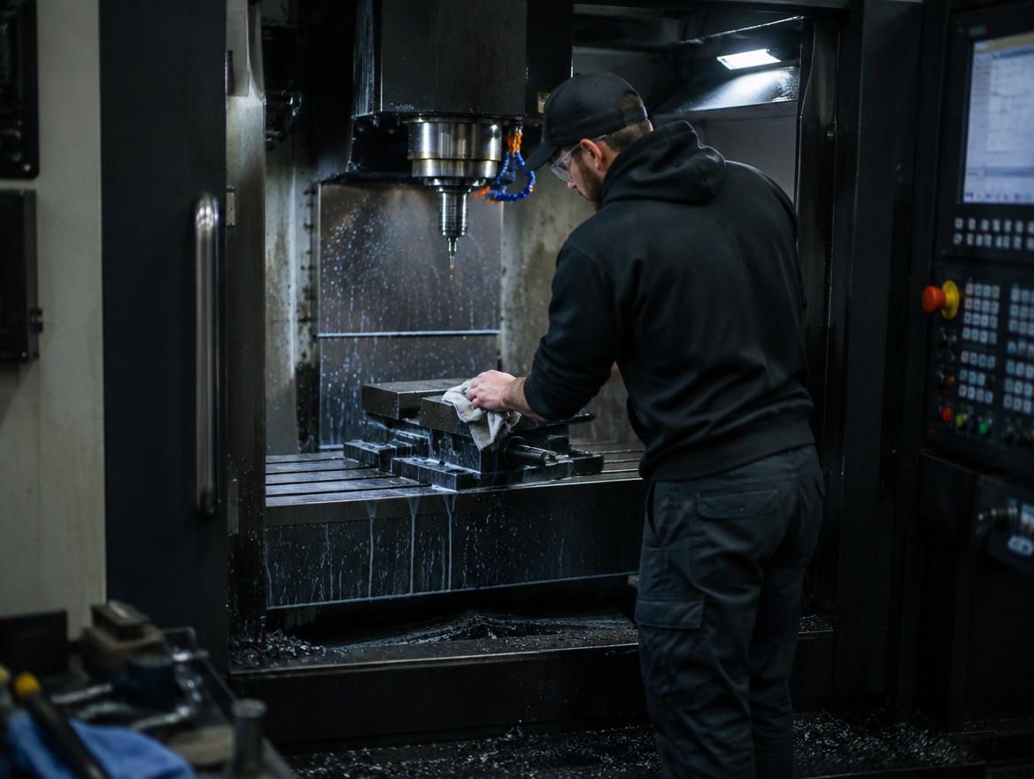 A machinist at an open CNC mill in a precision machine shop