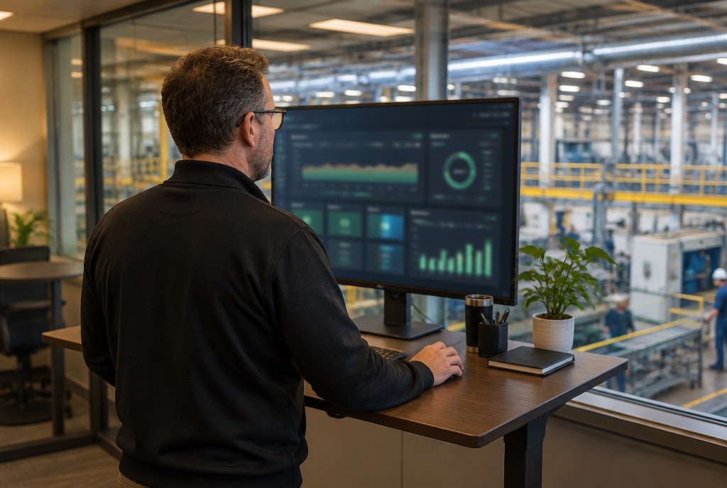 A manager reviews the dashboard above the plant floor
