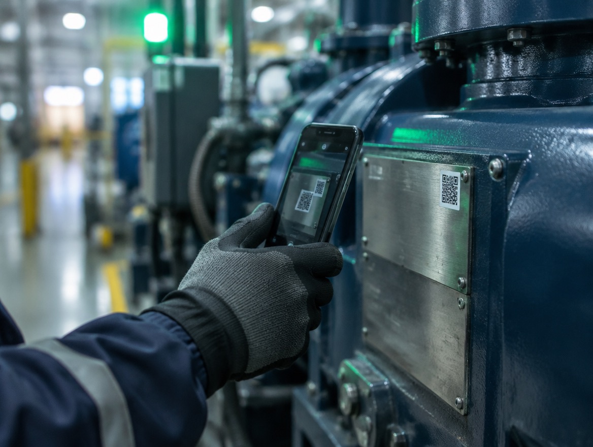 An operator scans the QR label on a press