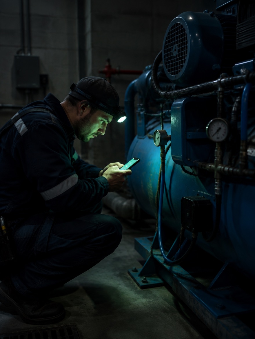 A technician runs a checklist at a compressor with no signal