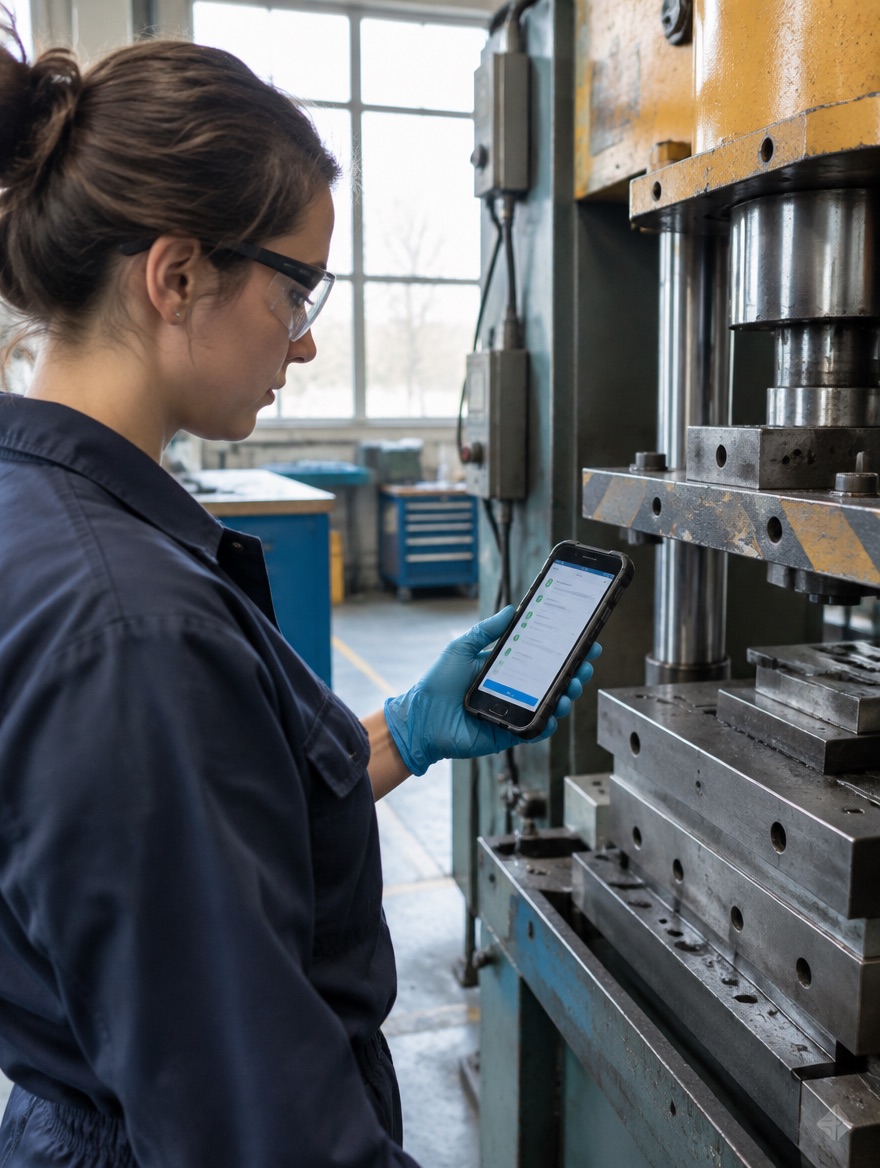 A technician in gloves checks a digital checklist on her phone beside a hydraulic press