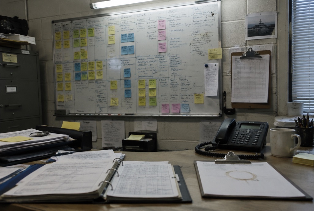 A maintenance office whiteboard covered in sticky notes, with a paper binder and clipboard on the desk